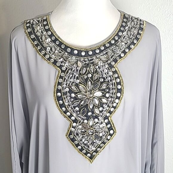 Sheer Gray Kimono with Black Rhinestone Accents on Neckline, Chest & Cuffs, OS - Picture 4 of 8